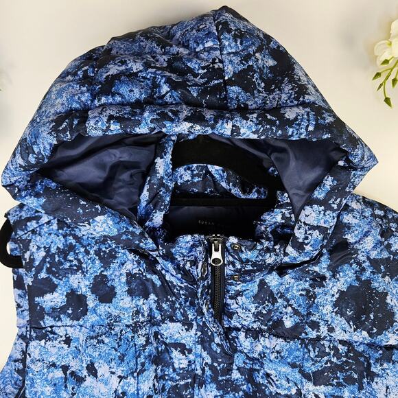 Susan Graver Hooded Puffer Quilted Vest Size 2X XXL Blue Abstract Winter Cozy - Picture 7 of 14